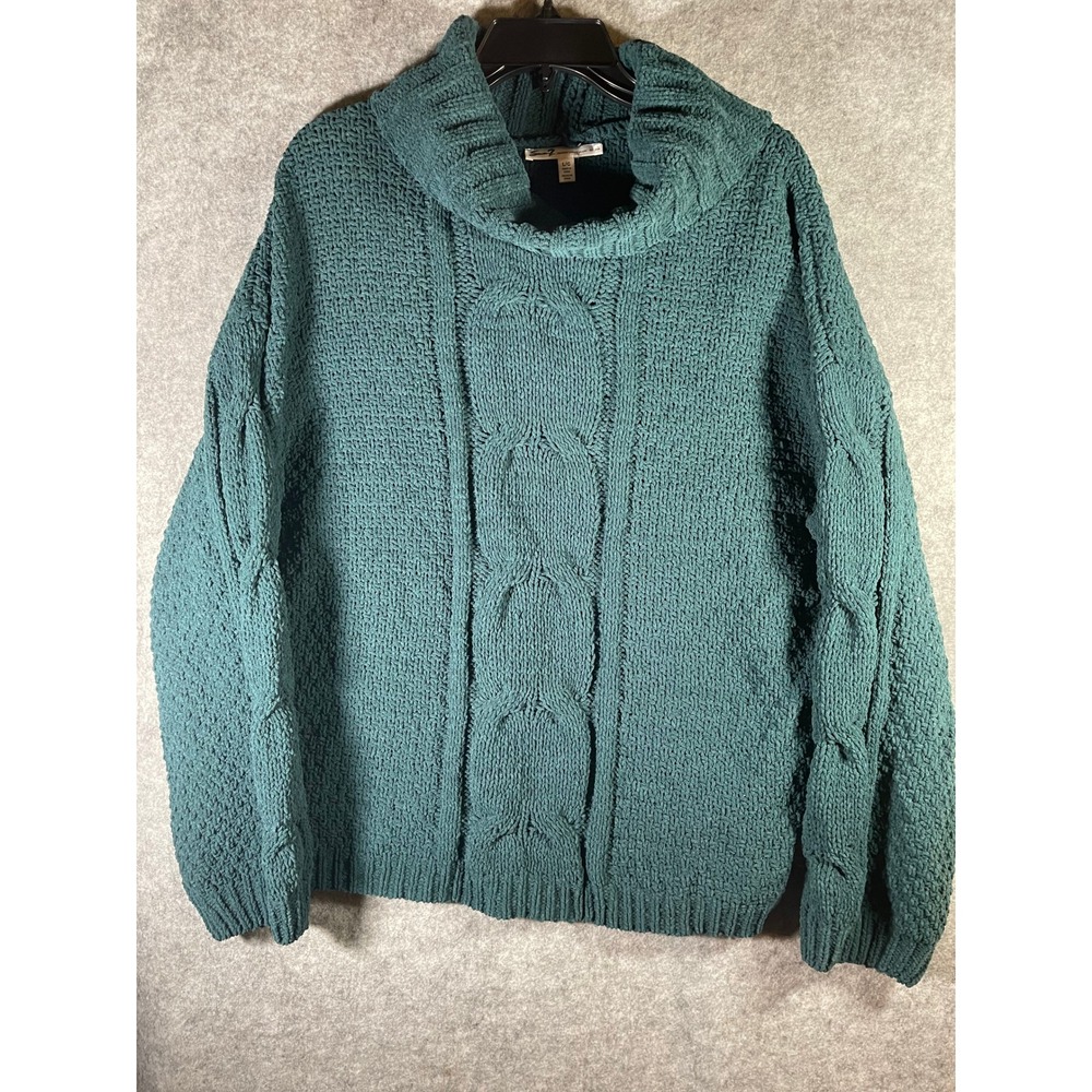 Seven7 Chenille Cable Knit Cowl Neck Sweater Teal Green Womens Size L/XL